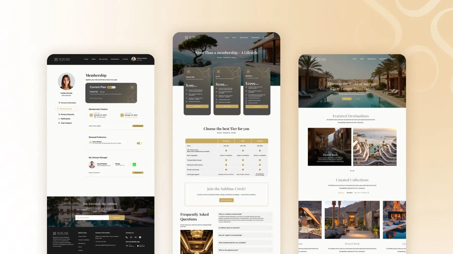 Sublime membership and destinations interface